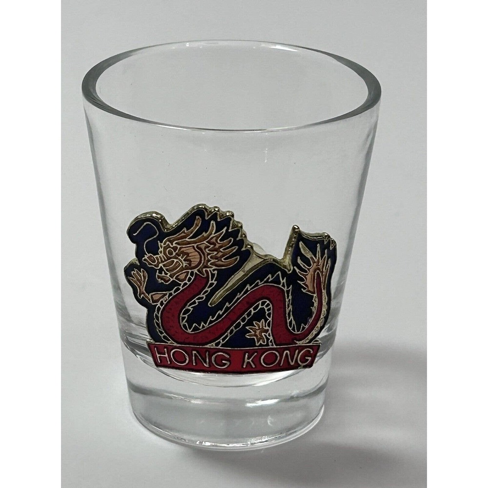 HONG KONG SOUVENEIR SHOT GLASS WITH METAL DRAGON‎ DECOR